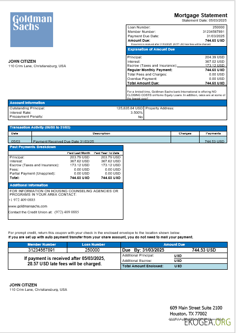Relevé hypothécaire de la banque USA Goldman Sachs aux formats Word et PDF